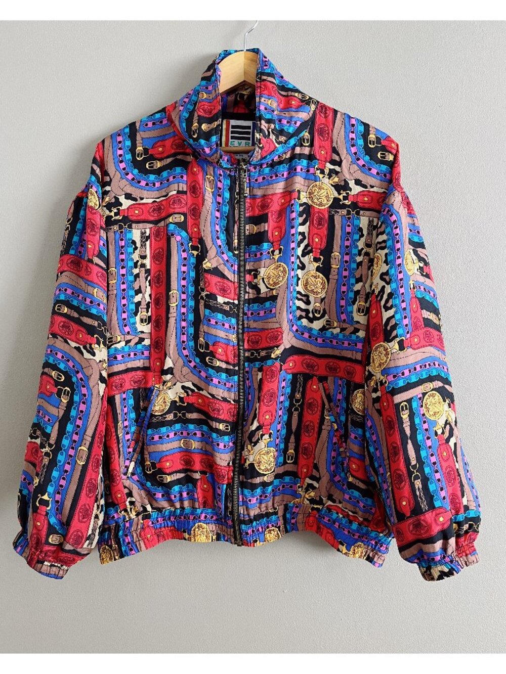 VTG EVR Sz XL Silk Bomber Jacket Colorful Belts/Buckles/Chains/FleurDeLis Print